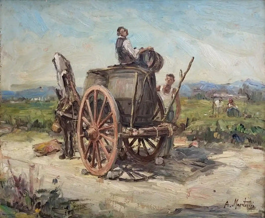 Tableau vintage - Paysage avec charrette - peinture à l'huile sur panneau bois