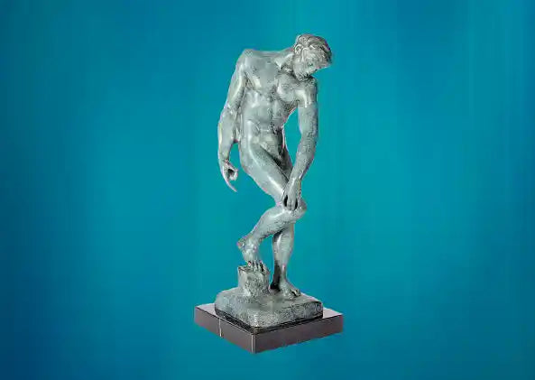 Statuette en bronze-patine-verte-socle-marbre-homme nu-Adam