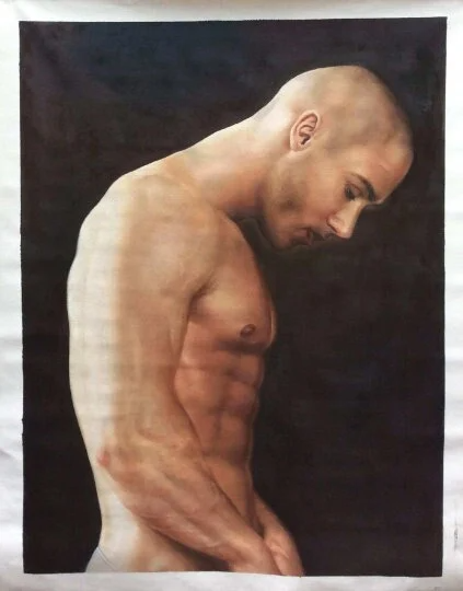 art érotique portrait homme torse nu originale peinture huile sur toile signée