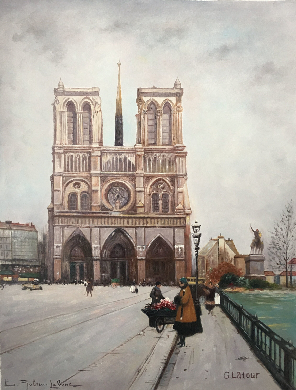 street scene Paris Notre Dame painting oil on canvas signed