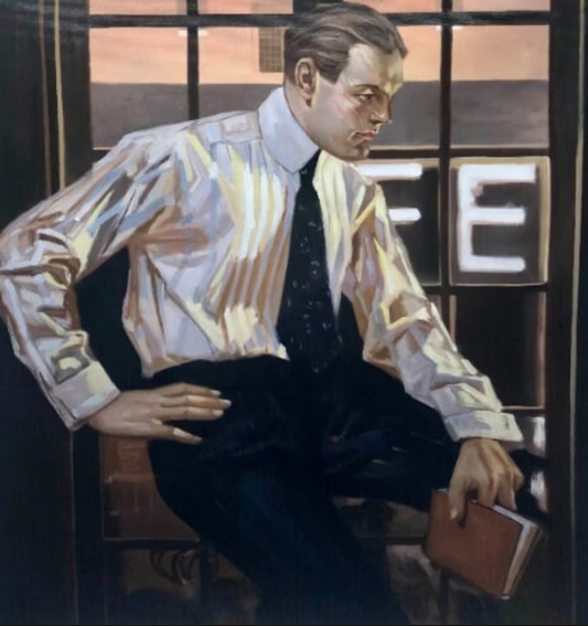 art deco portrait sexy man painting oil on canvas signed