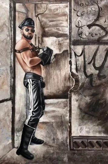 portrait of shirtless gay man SM leather painting original oil painting on canvas