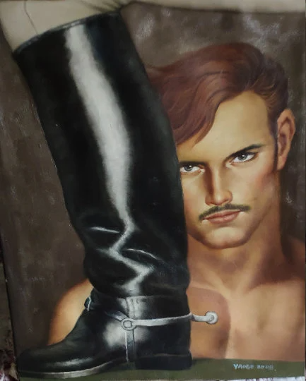 portrait naked man gay SM leather painting original painting oil on canvas