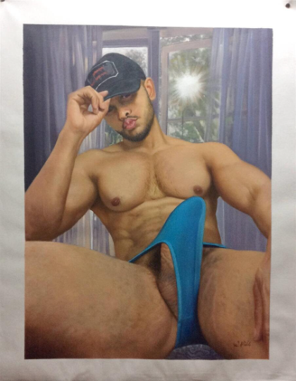 art érotique portrait homme torse nu en slip originale peinture huile sur toile signée