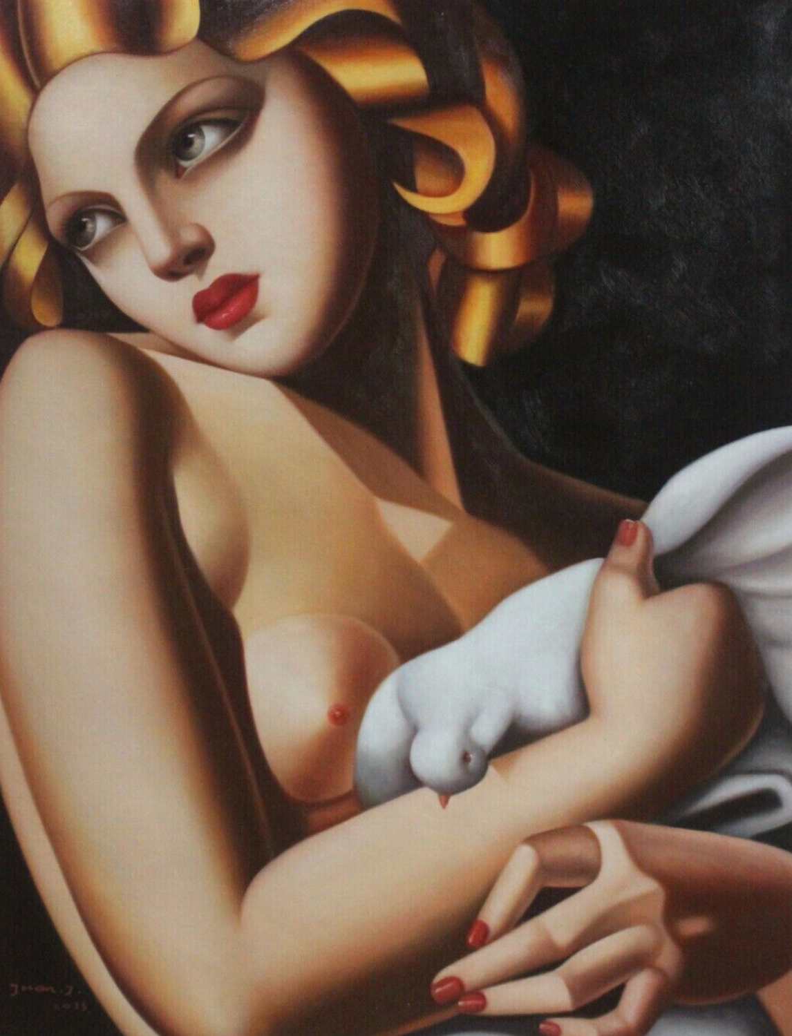 femme nue avec colombe d'après Lempicka peinture huile sur toile