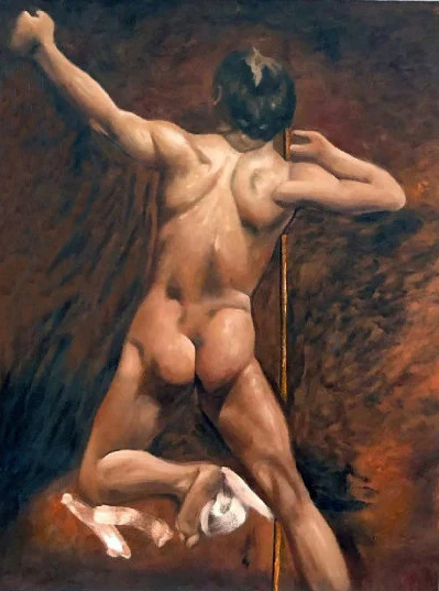 portrait art erotic scene nude man oil on canvas signed